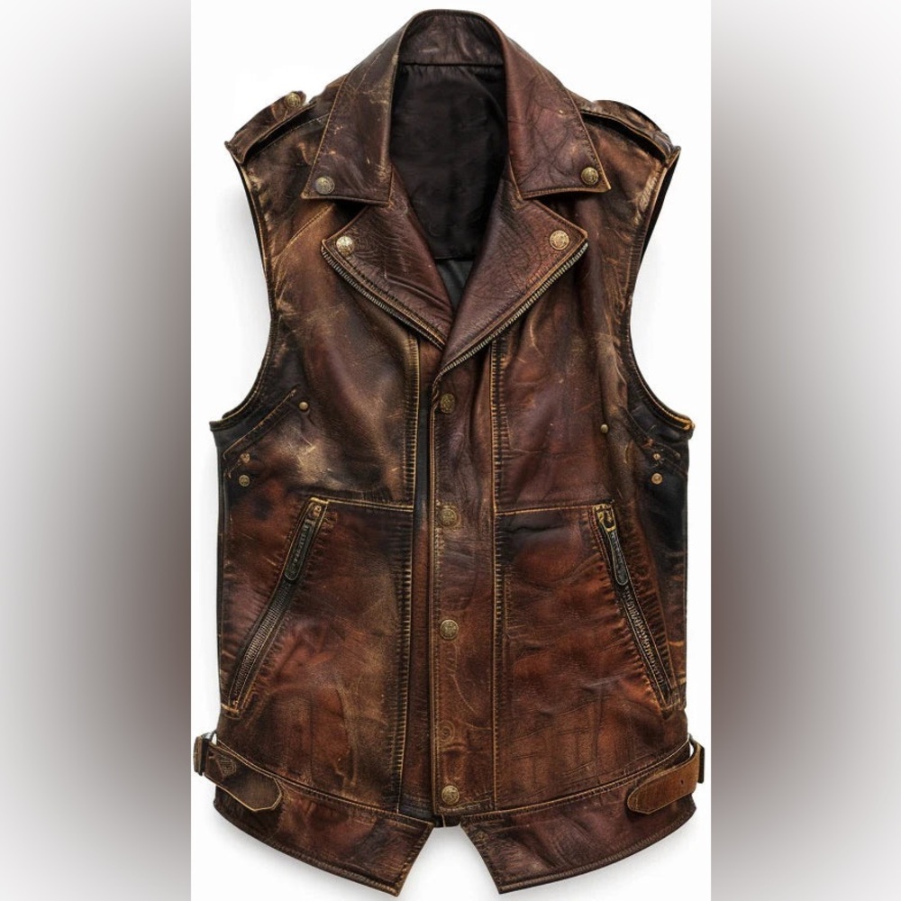 MEN'S VINTAGE DISTRESSED BROWN LEATHER MOTORCYCLE CONCEALED CARRY BIKER VEST